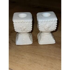 Vintage Milk Glass Candle Holders Pair Square Pedestal Grape Harvest Made Japan
